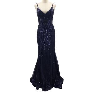 FORMAL 10 L  navy blue embroidered mermaid sequin prom party maxi dress NEW B105